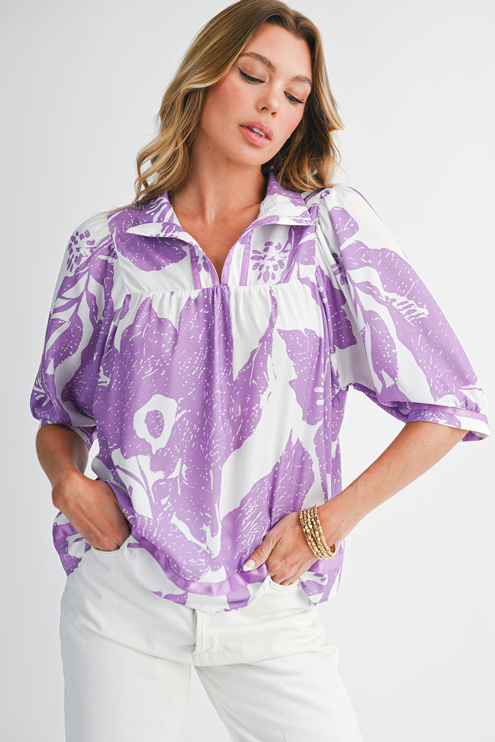 Oversized Floral Puff Sleeve Blouse