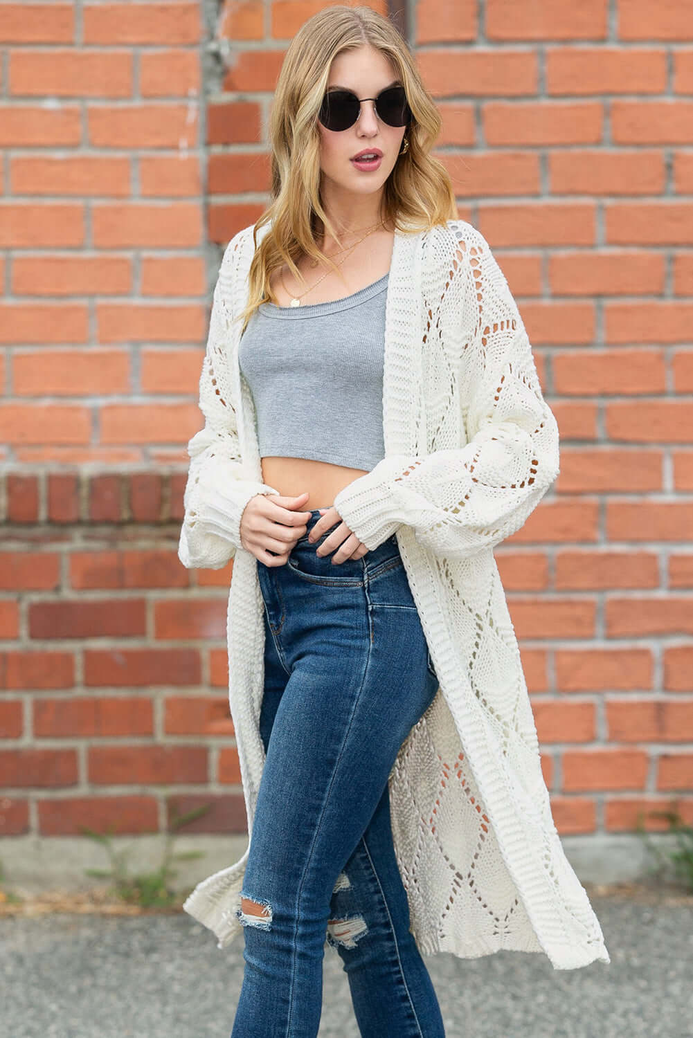 Women's White Hollow Knit Longline Cardigan. Side view.