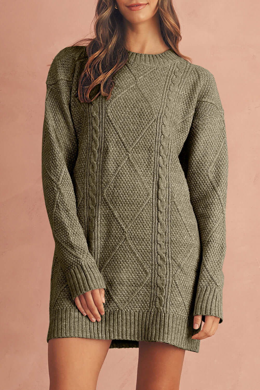 Women's Green Cable Knit Jumper Dress . Front focus view.