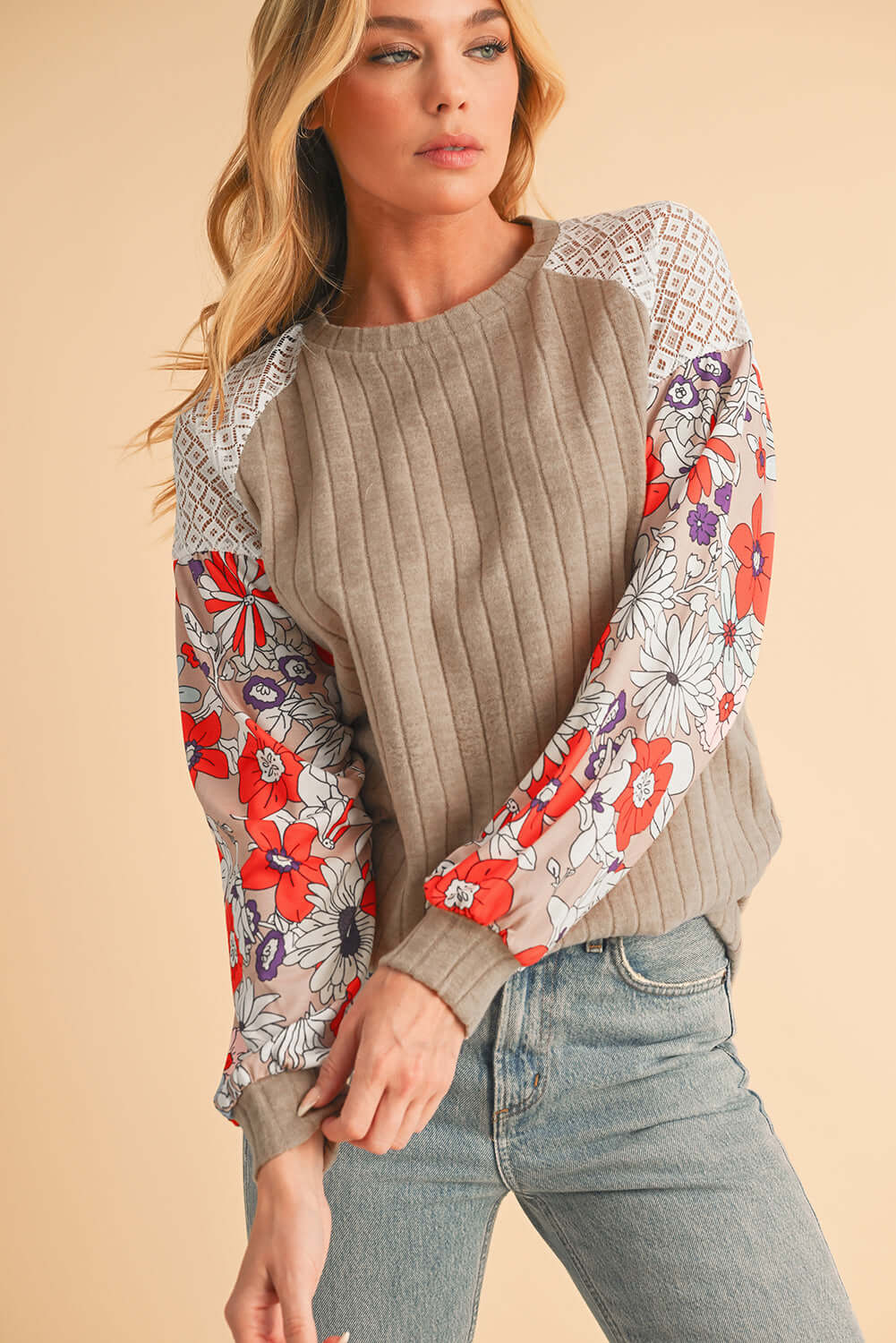 Floral Sleeve Waffle Knit Pullover - Catherine Martin