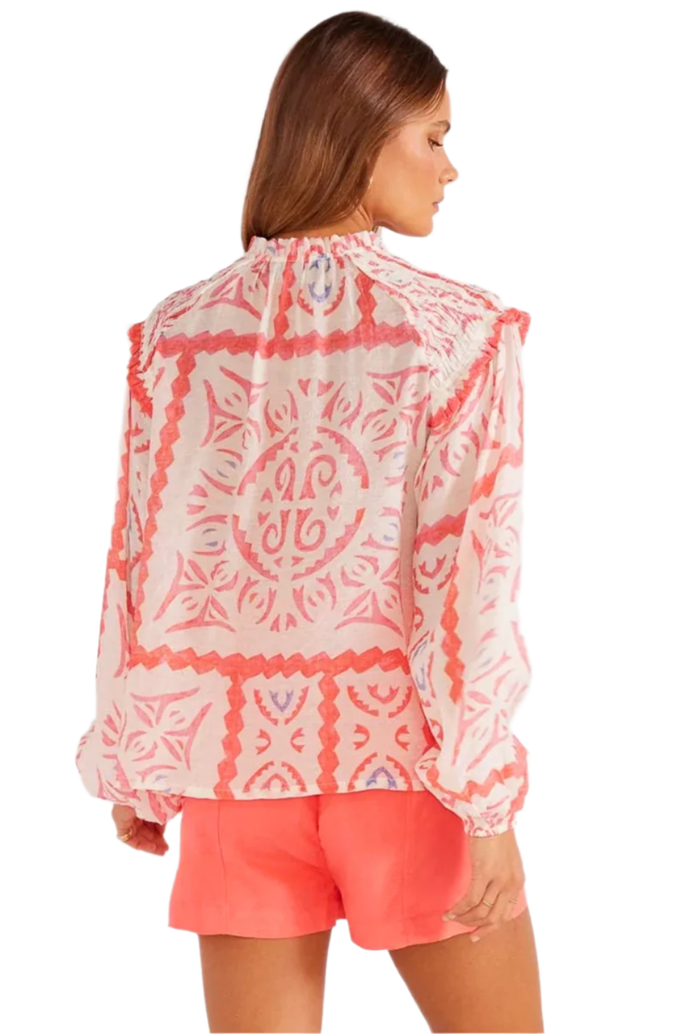Light orange abstract print with long puff sleeves, set against a white background.