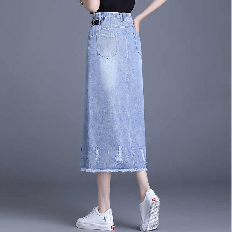 Korean Street Style Denim Midi Skirt - Back view.
