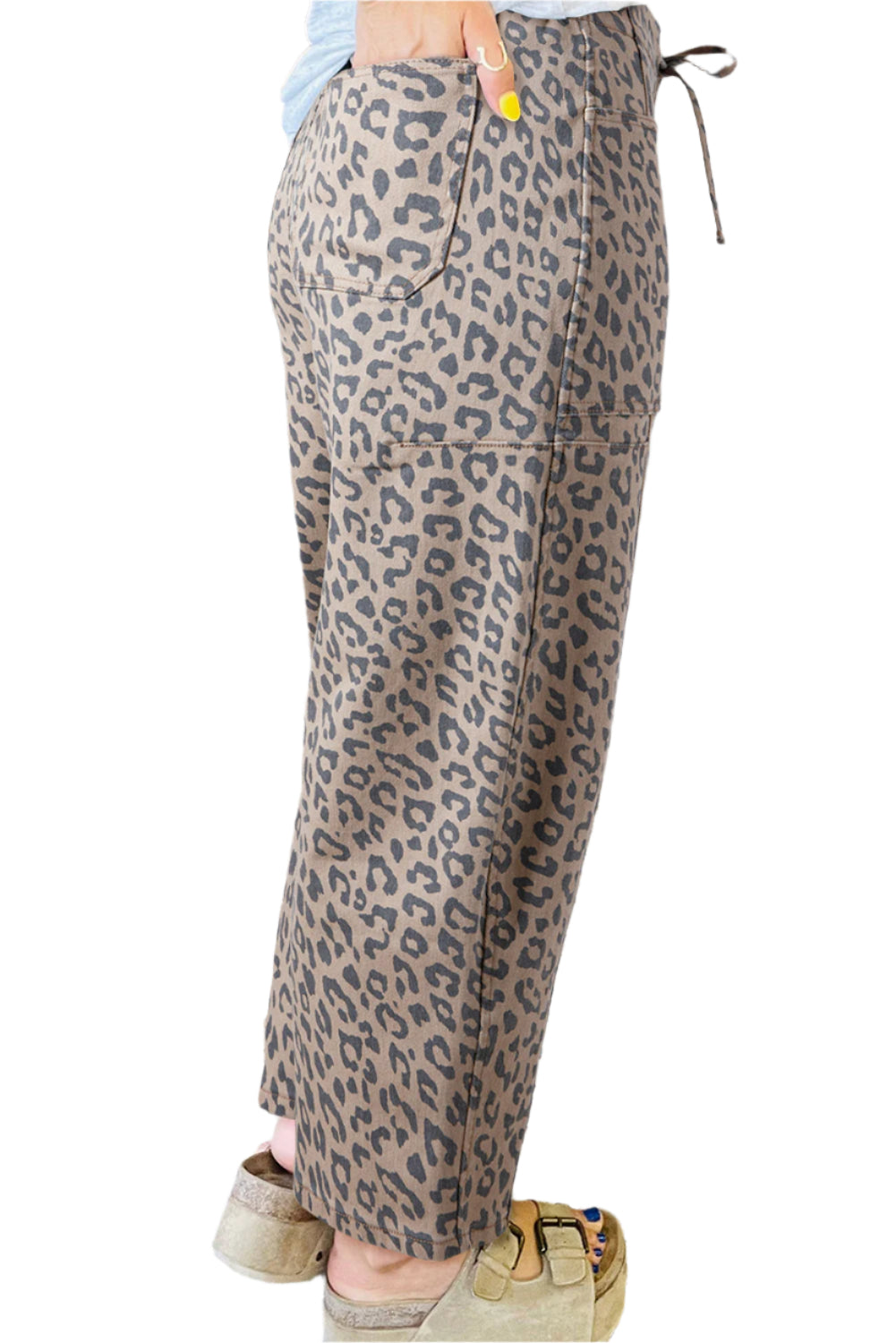 Wide Leg Leopard Jeans Women's - khaki colour, side view.