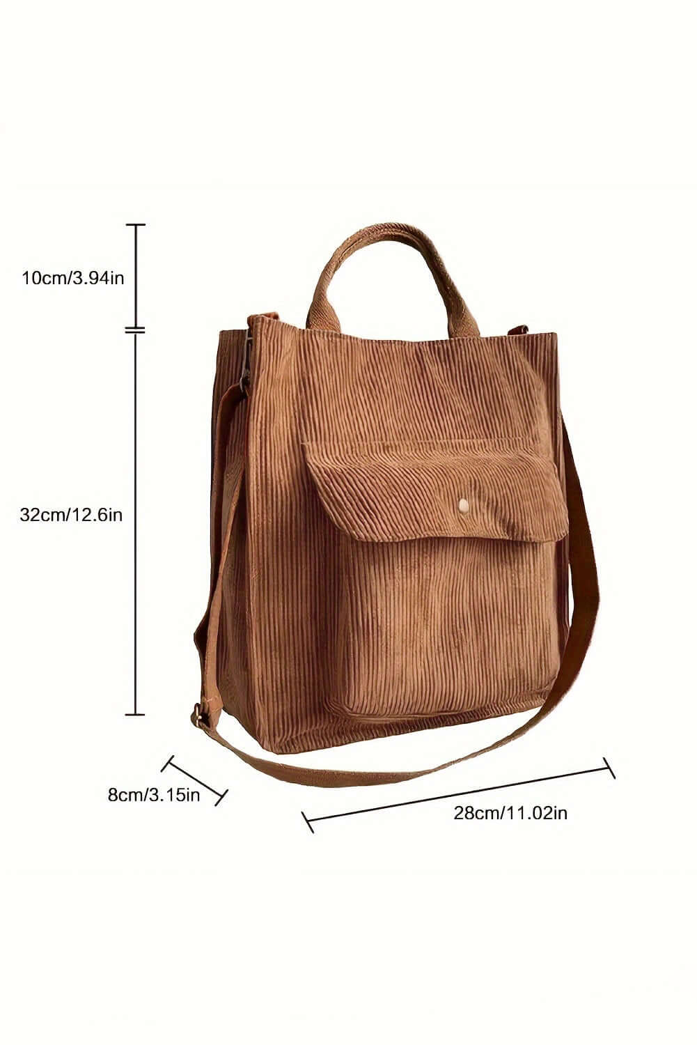 Trendy women’s corduroy tote bag in rust brown, ideal for casual and workwear looks