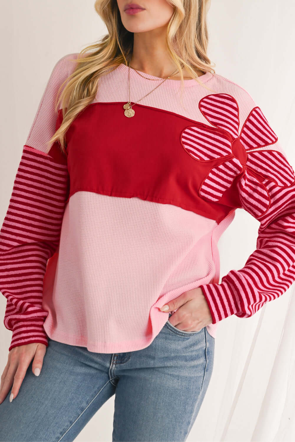 Red Pink Waffle Top with Flower Details - Catherine Martin