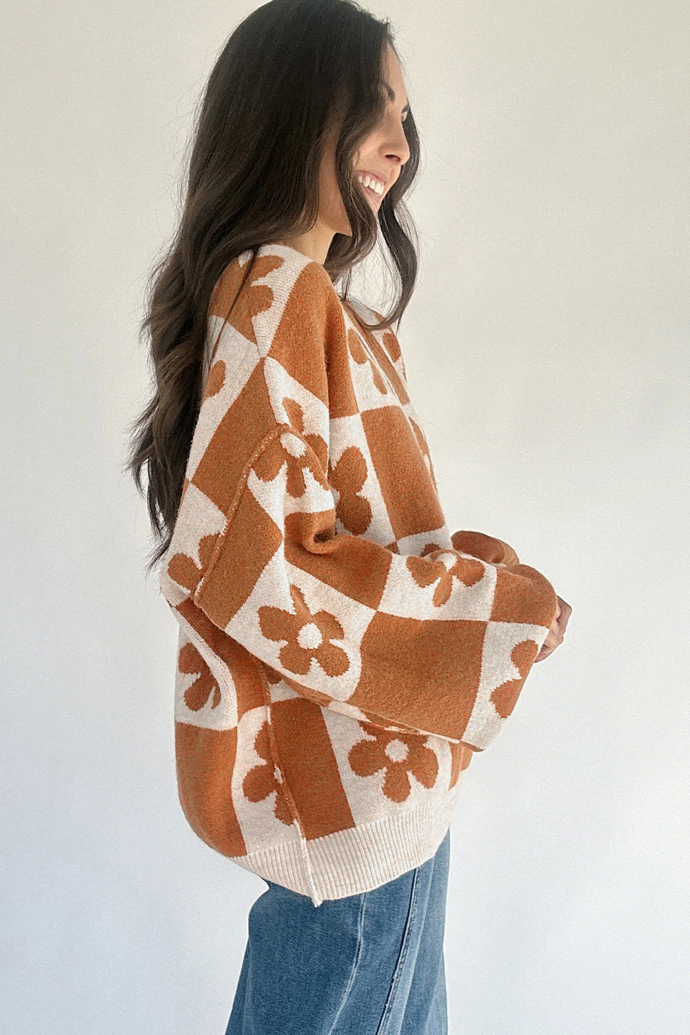 Floral Checkered Henley Sweater