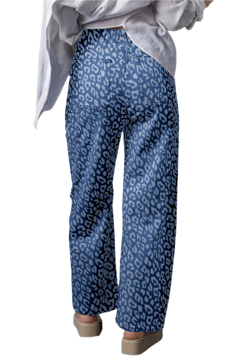 Wide Leg Leopard Jeans Women's - blue colour, back view.