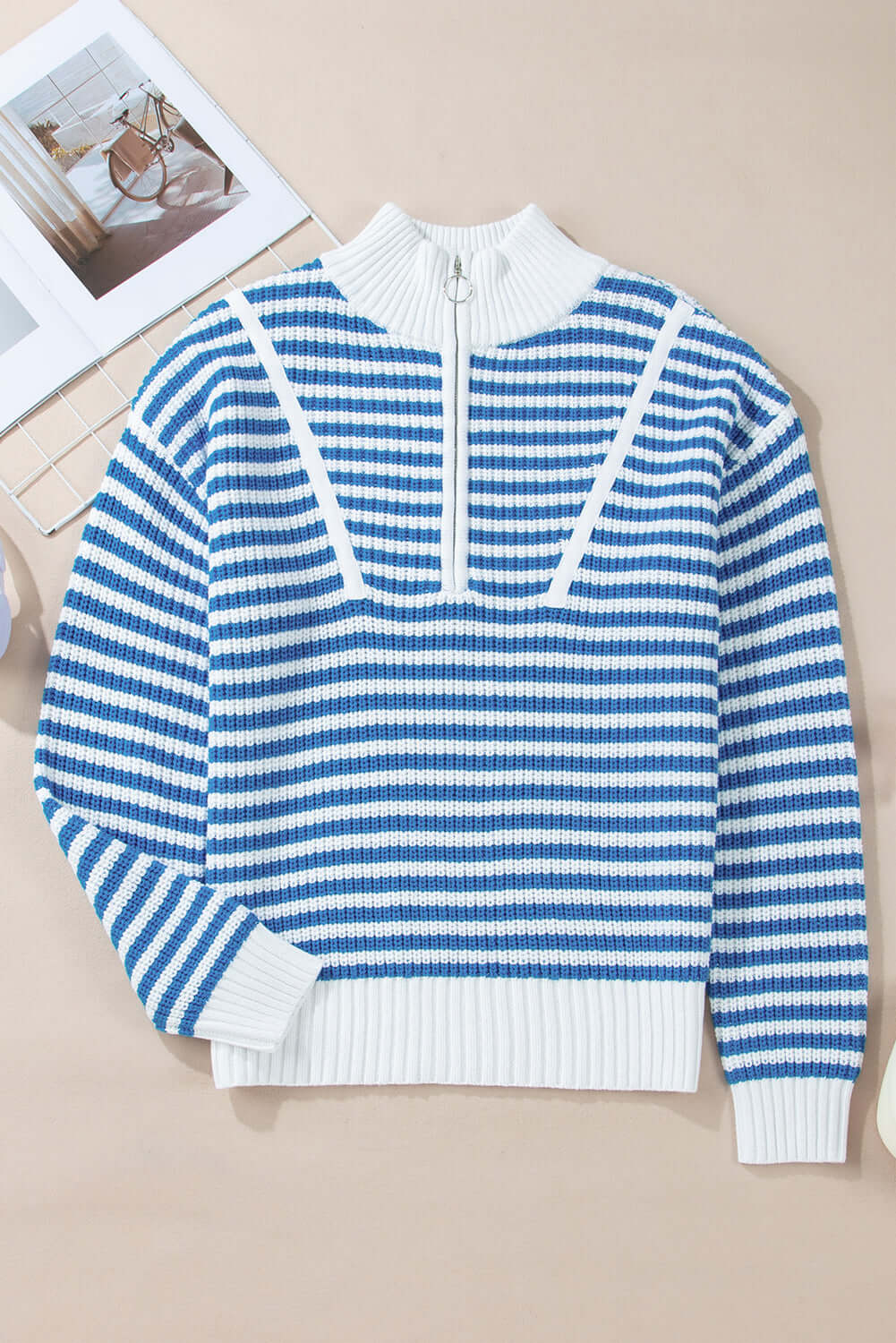 Women's Blue Striped Collar Jumper - Front view, flat lay.