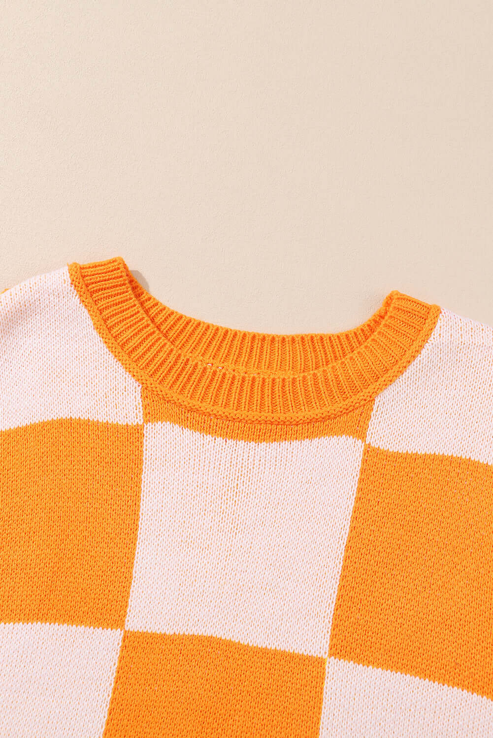 Women's Casual Check Knitted Jumper - Orange. Neckline view.