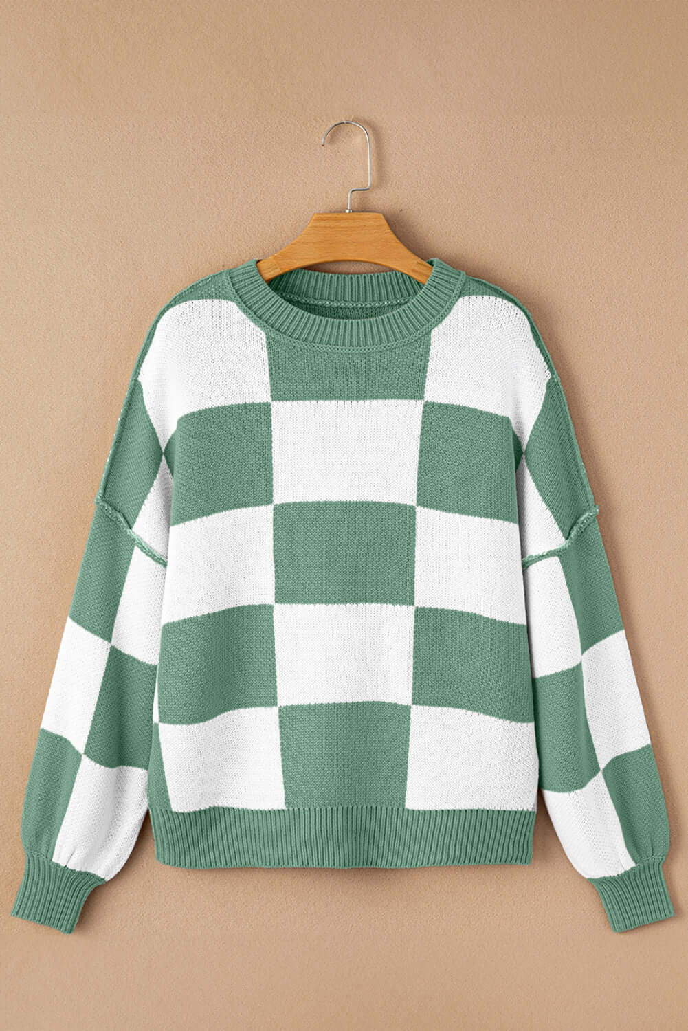 Women's Casual Check Knitted Jumper - Green. Front view on a hanger.