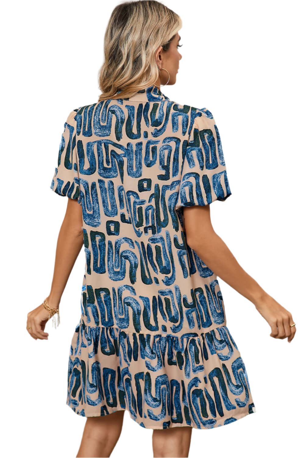 Back view of multicolour abstract print mini dress with bubble sleeves from Catherine Martin store, Australia