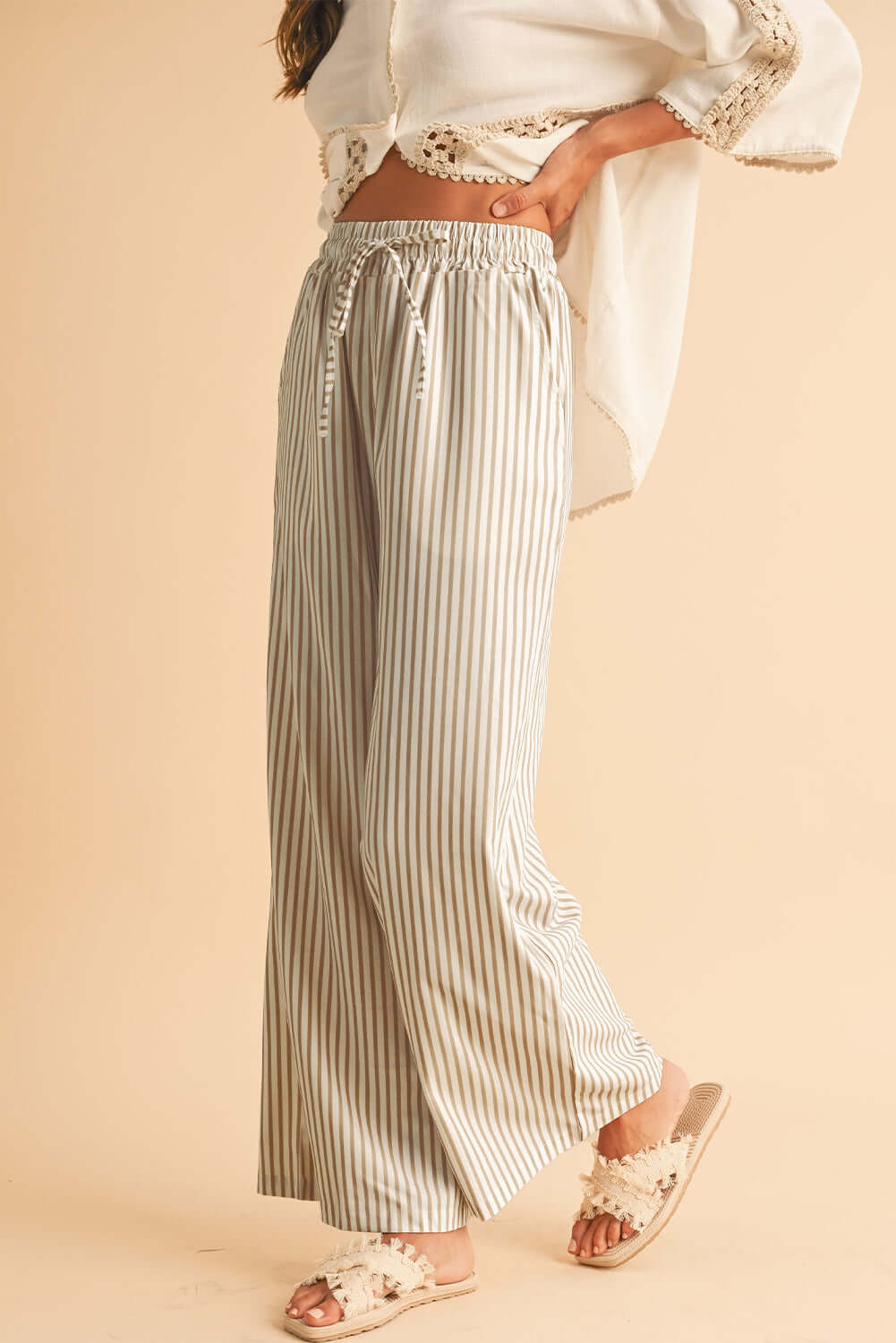 Khaki Striped Drawstring Waist Loose Pants - Catherine Martin