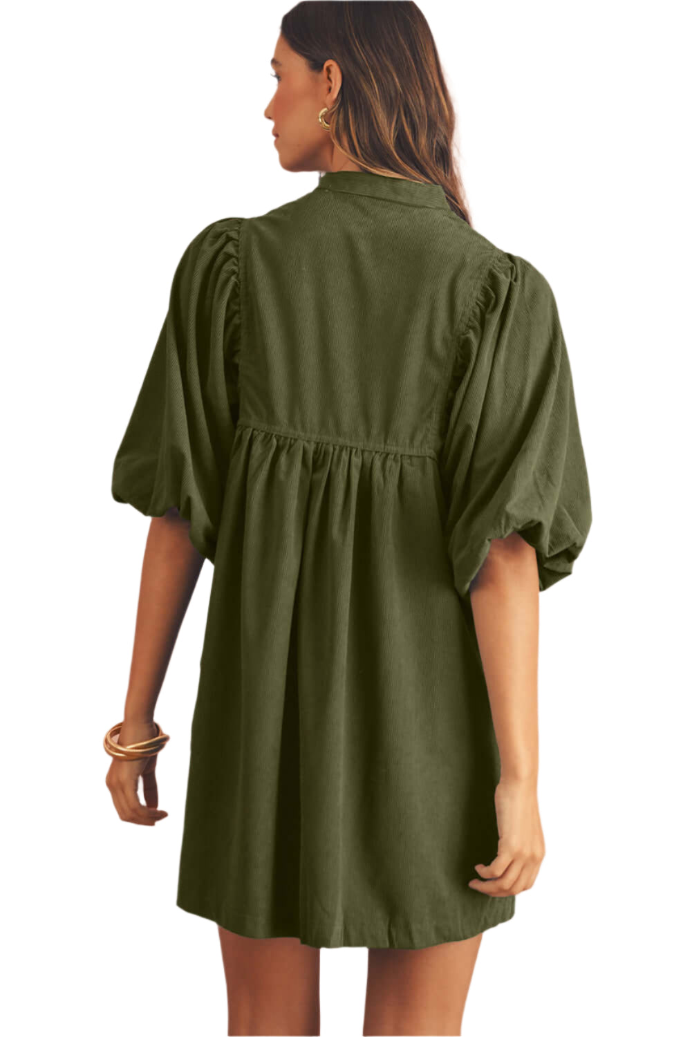 Back side of an olive green babydoll mini dress with puff sleeves , perfect dress for spring occasion.