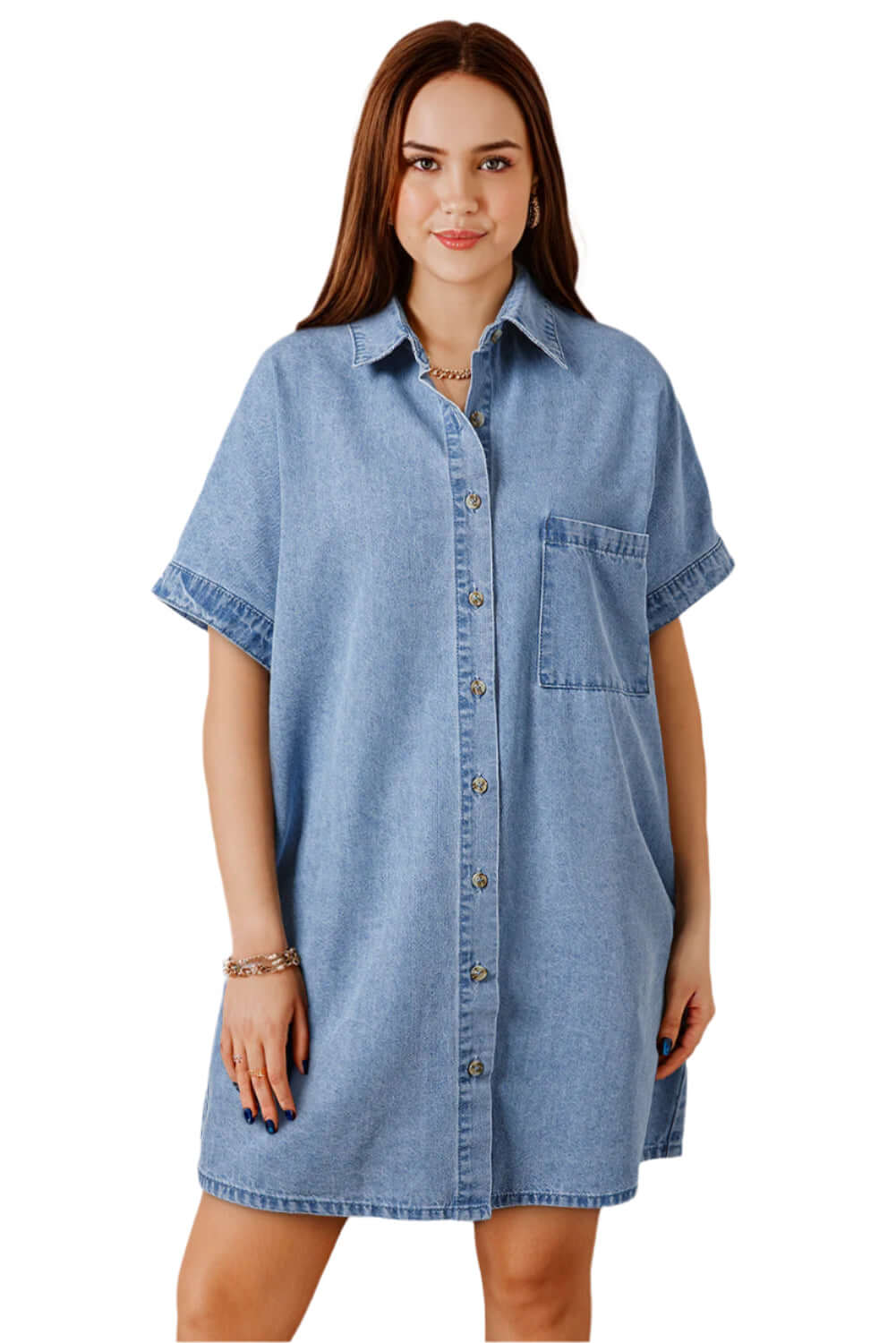 Relaxed Denim Shirt Dress for Ladies with Short Sleeves.