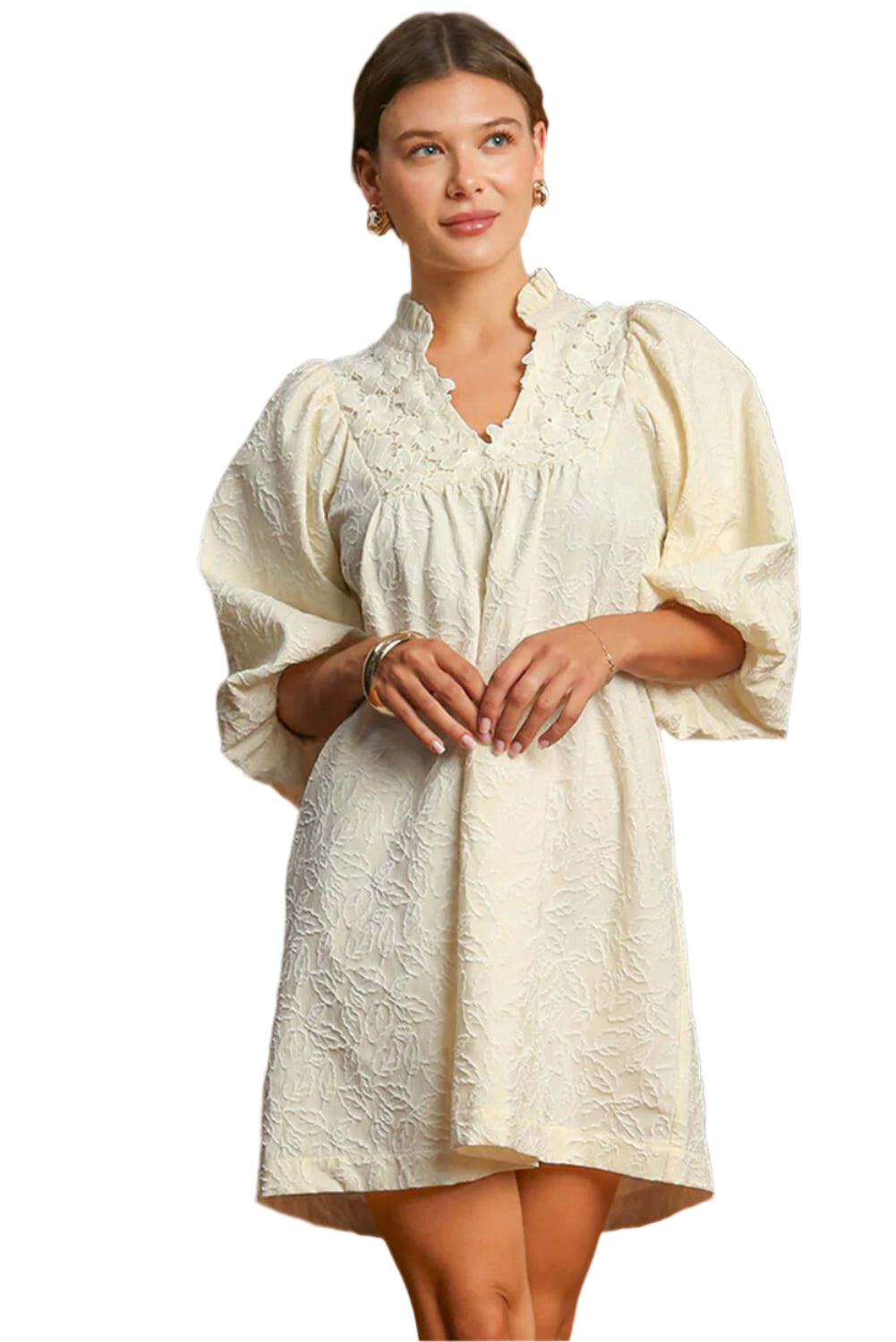 White Floral Textured Dress Frill V Neck - Catherine Martin