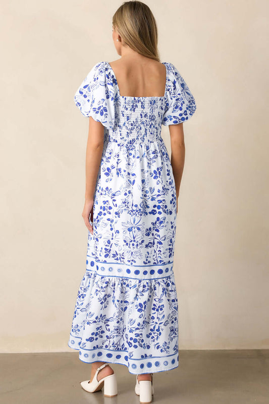 Elegant Floral Puff Sleeve Dress. Back view.