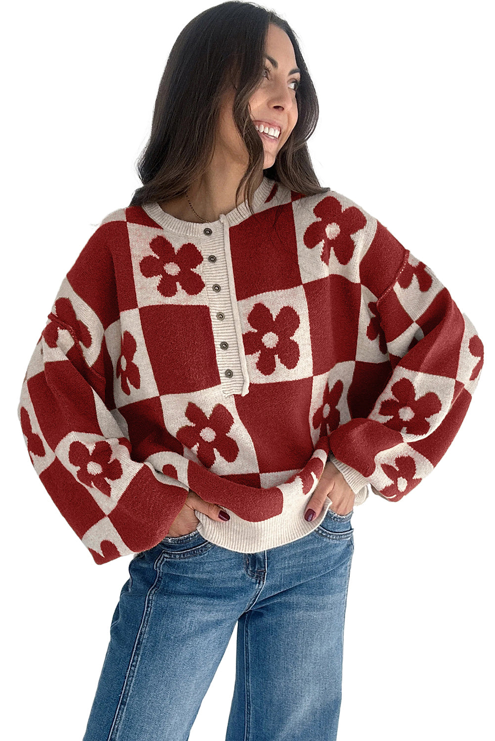 Floral Checkered Henley Sweater