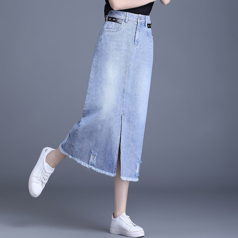 Korean Street Style Denim Midi Skirt - front view, styled with white sneakers.