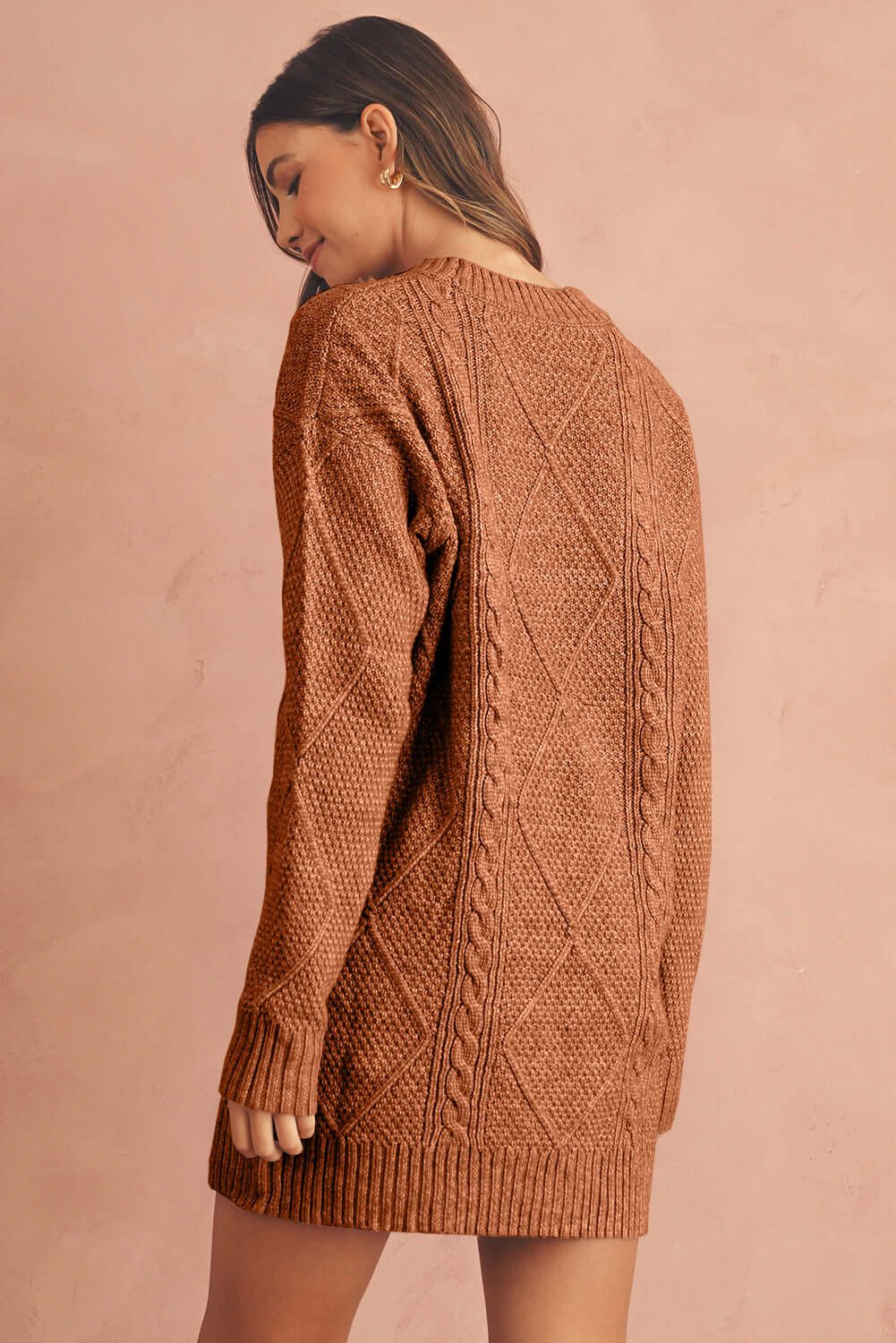 Women's Coffee Cable Knit Jumper Dress . Back view.
