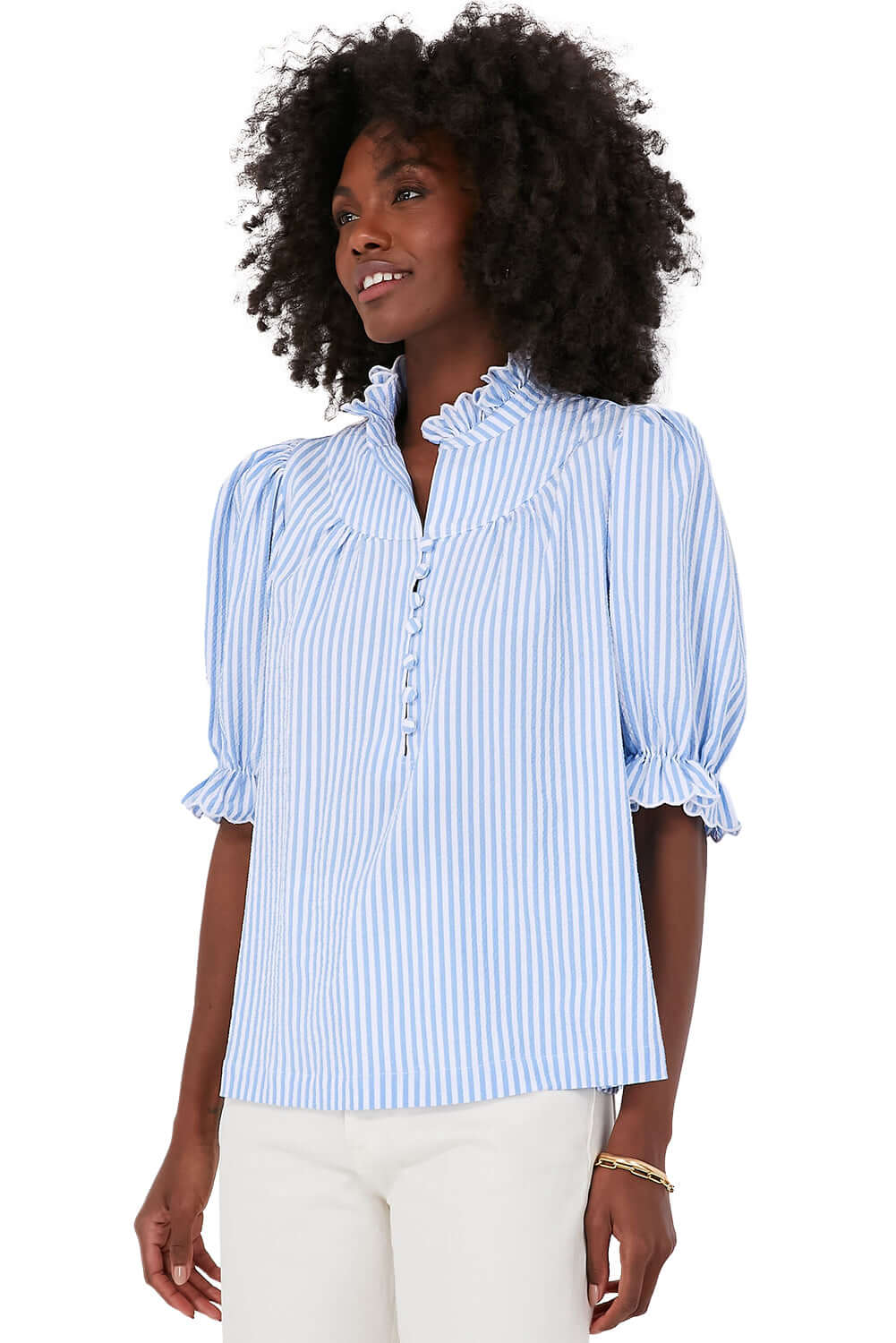 Women's Blue Striped Ruffle Top. Front view against a white background.