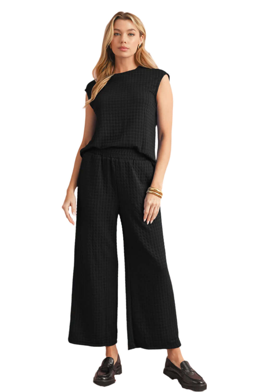 Model wearing Ocean Breeze Black Two-Piece Set – stylish and comfortable for casual Aussie days