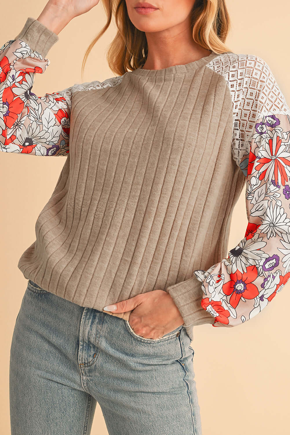 Floral Sleeve Waffle Knit Pullover - Catherine Martin