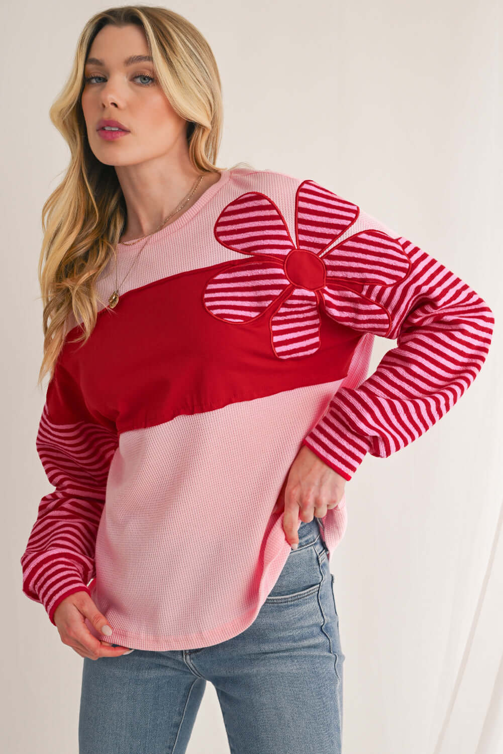 Red Pink Waffle Top with Flower Details - Catherine Martin