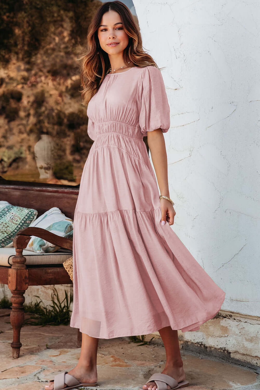 Women's Pink Puff Sleeve Tiered Midi Dress. Full view.