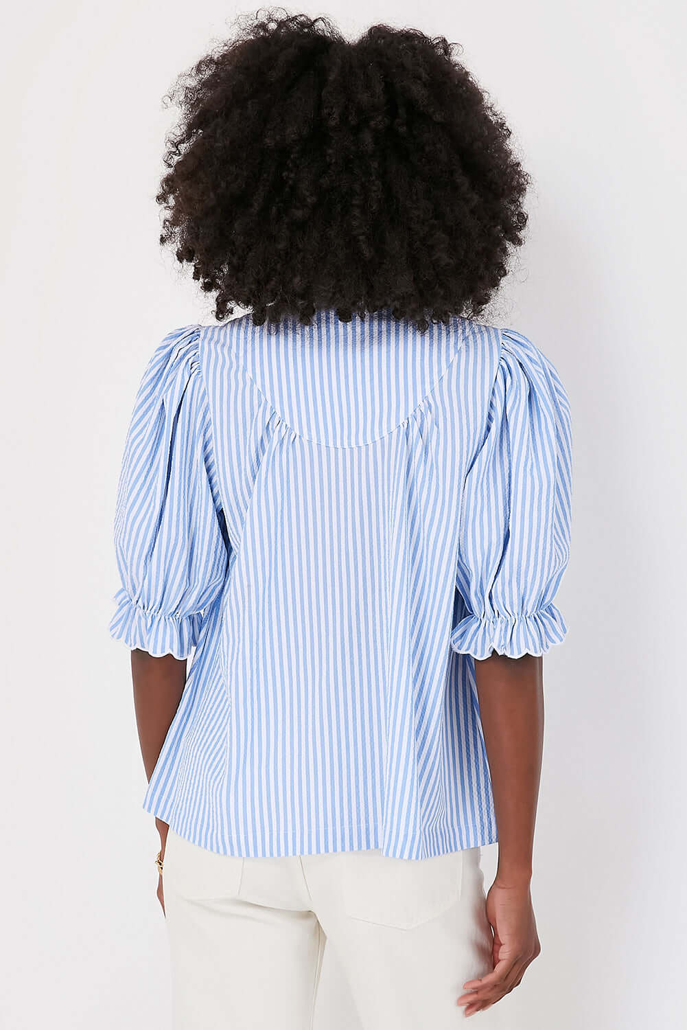 Women's Blue Striped Ruffle Top. Back view.
