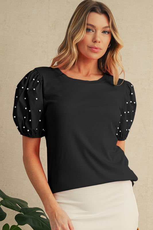 Ladies Feminine Puff Sleeve Detail Top - Black colour.