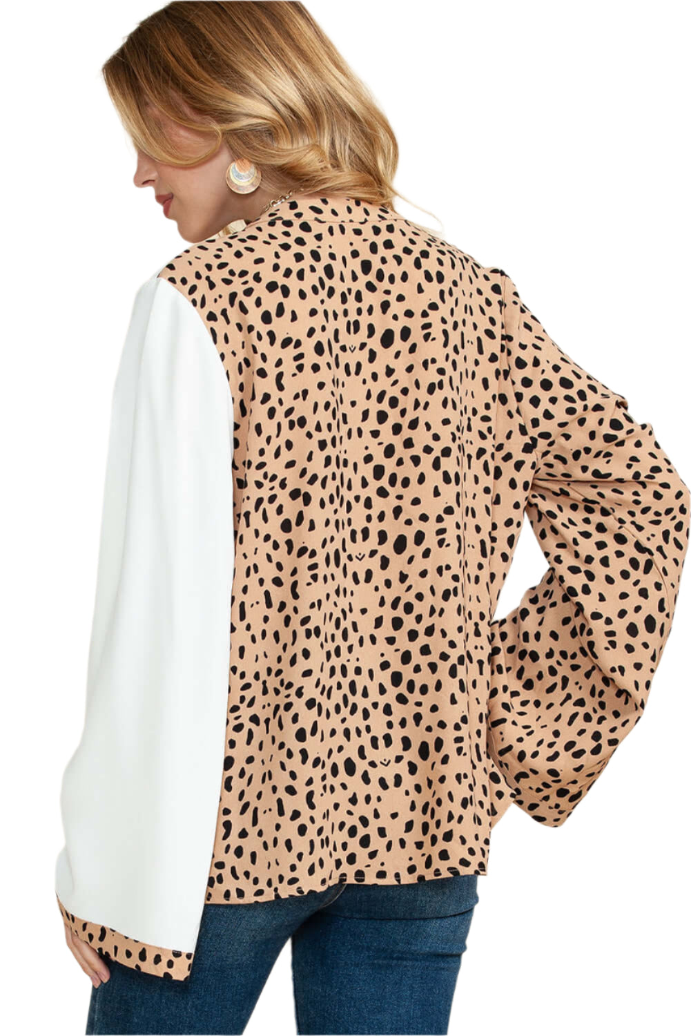 Back view of khaki leopard print blouse with flared long sleeves on a model from Catherine Martin store, Australia.