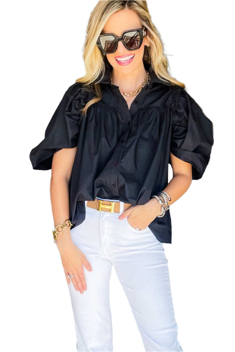 Black Ruched Puff Sleeve Blouse - Catherine Martin