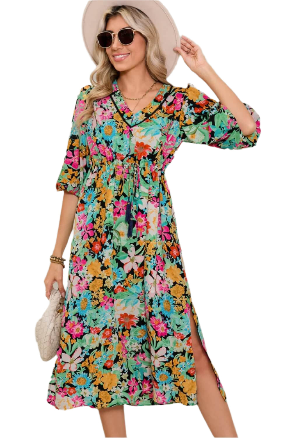 Green Floral Midi Dress Puff Sleeves - Catherine Martin