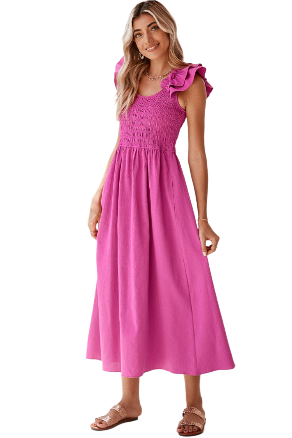 long pink midi dress with ruffle sleeves