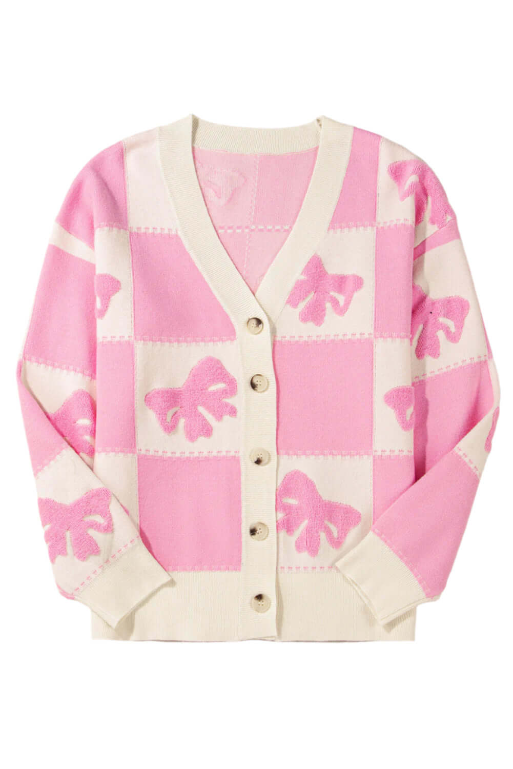 Trendy pink knit cardigan with a checkered pattern and relaxed fit, perfect for layering.