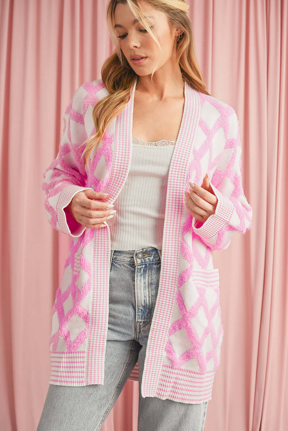 Women's Pink Check Longline Knit Cardigan - Catherine Martin