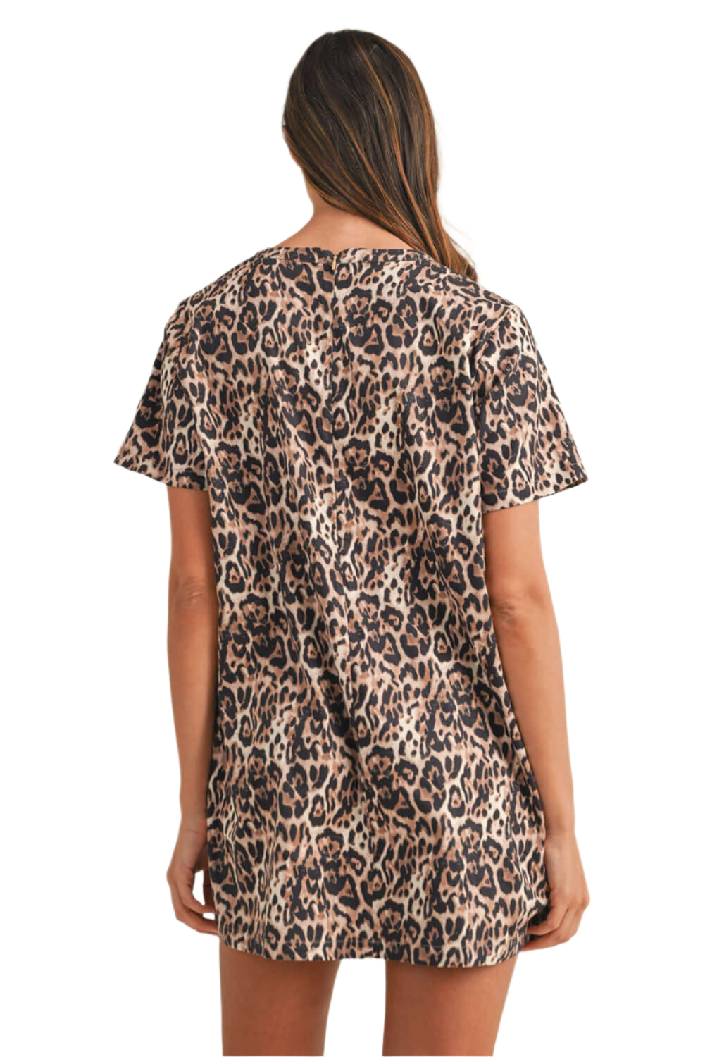 Brown leopard print dress with short sleeves. Back view.