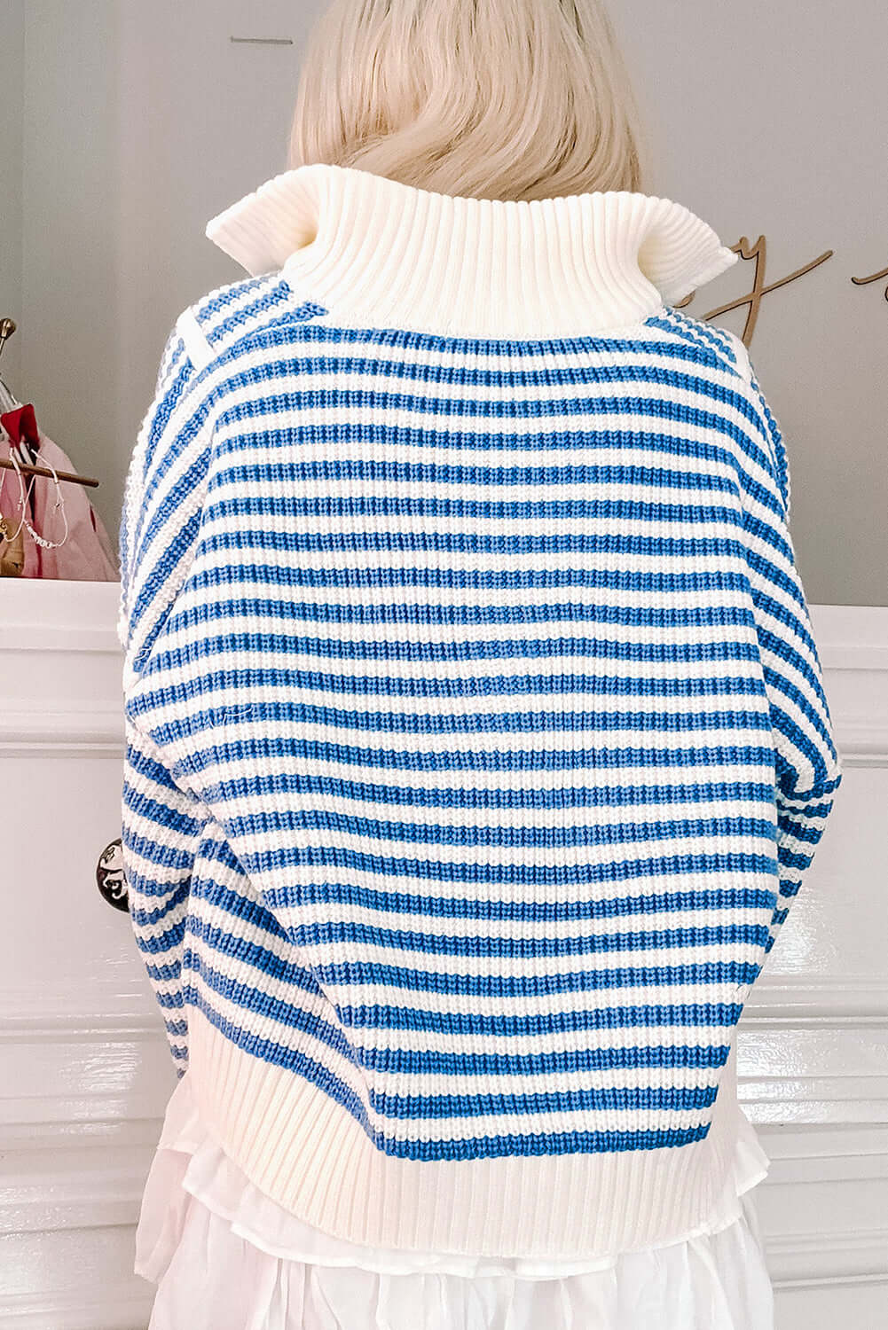 Women's Blue Striped Collar Jumper - Back view, indoor setting.