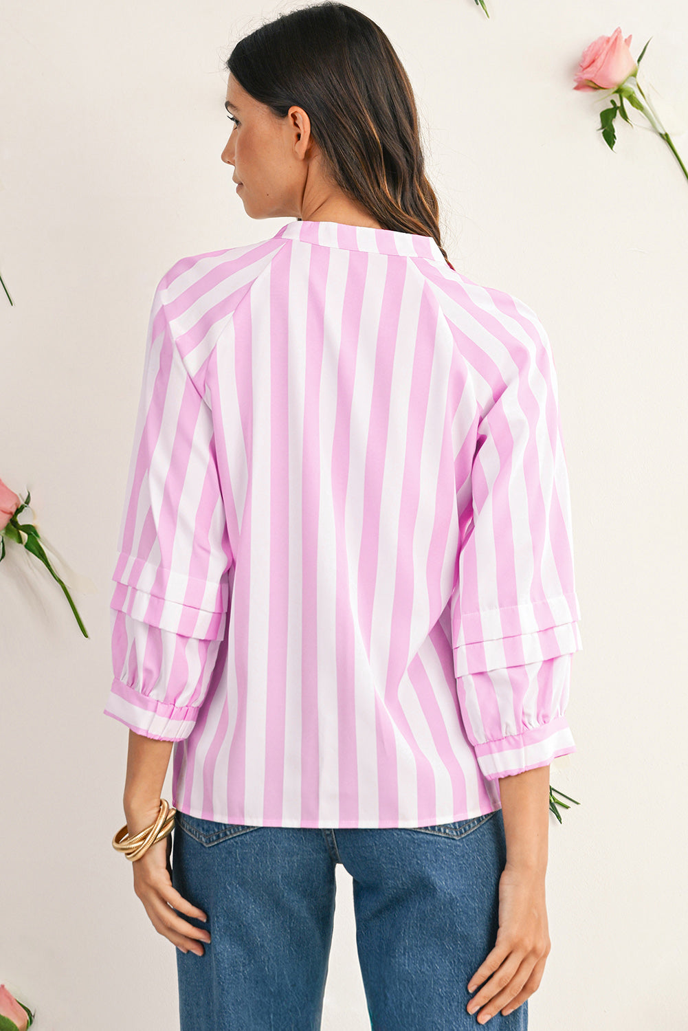 Pink and White Striped V-Neck Raglan Sleeve Blouse