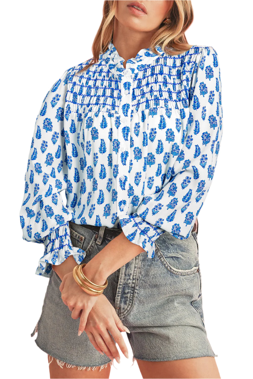 Blue and White Floral Smocked Shirt - Catherine Martin