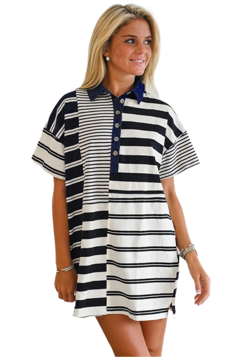 The front view of black and white striped mini dress, featuring short sleeves and front buttons.