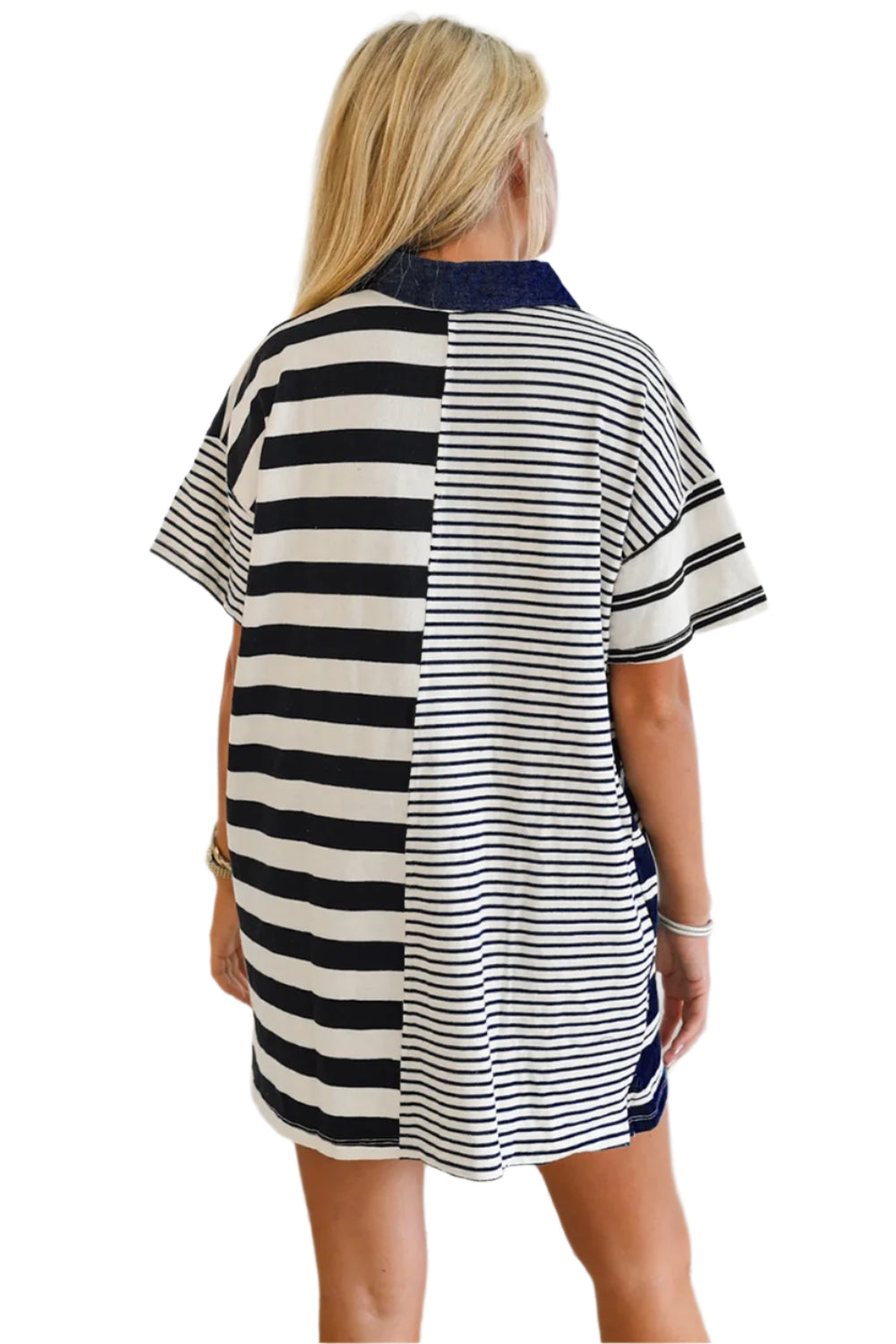 The back view of Black and White Striped Mini Dress - Catherine Martin
