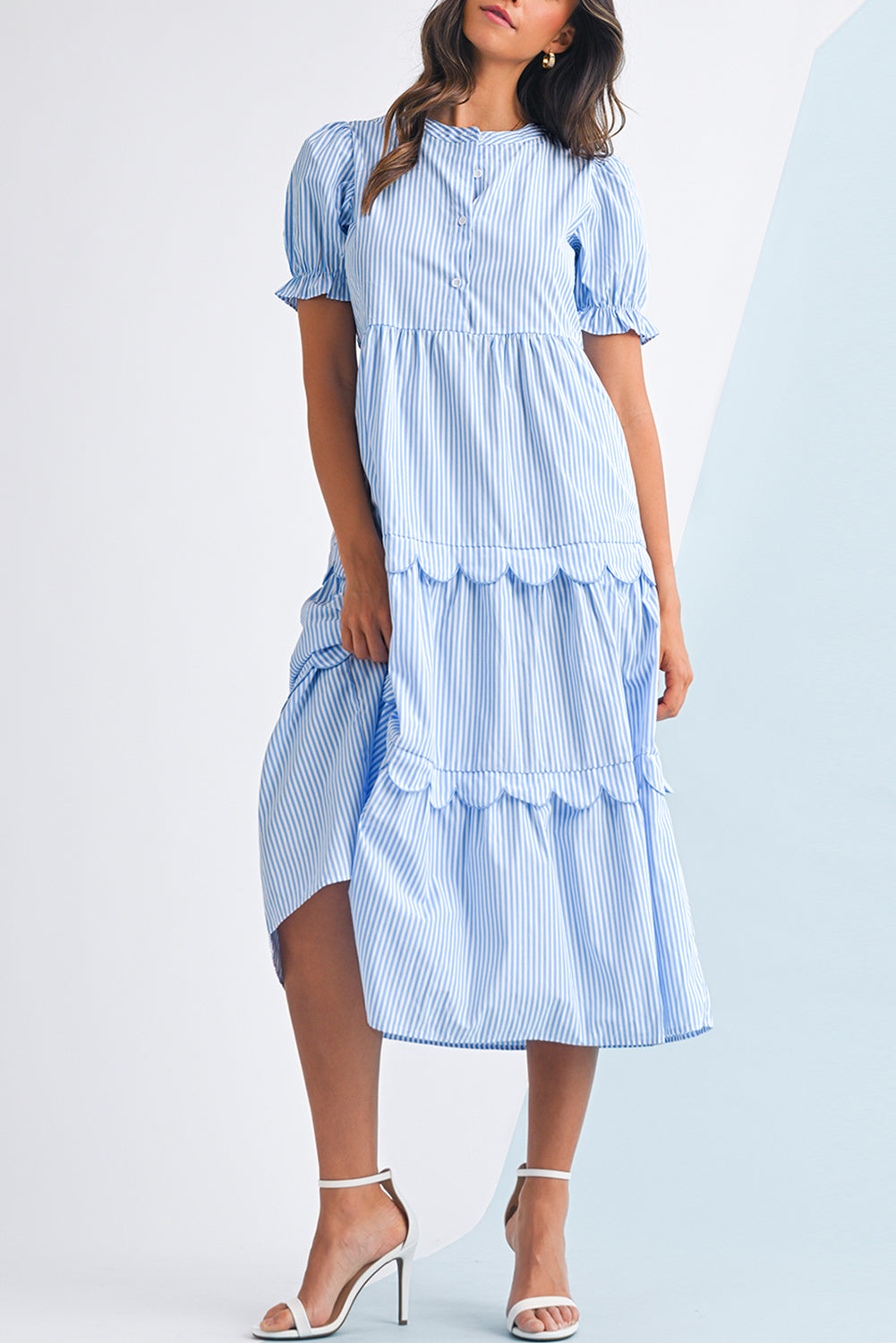Striped Tiered Maxi Dress For Ladies. Front view.