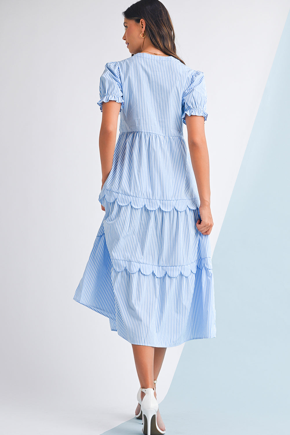Striped Tiered Maxi Dress For Ladies. Back view.