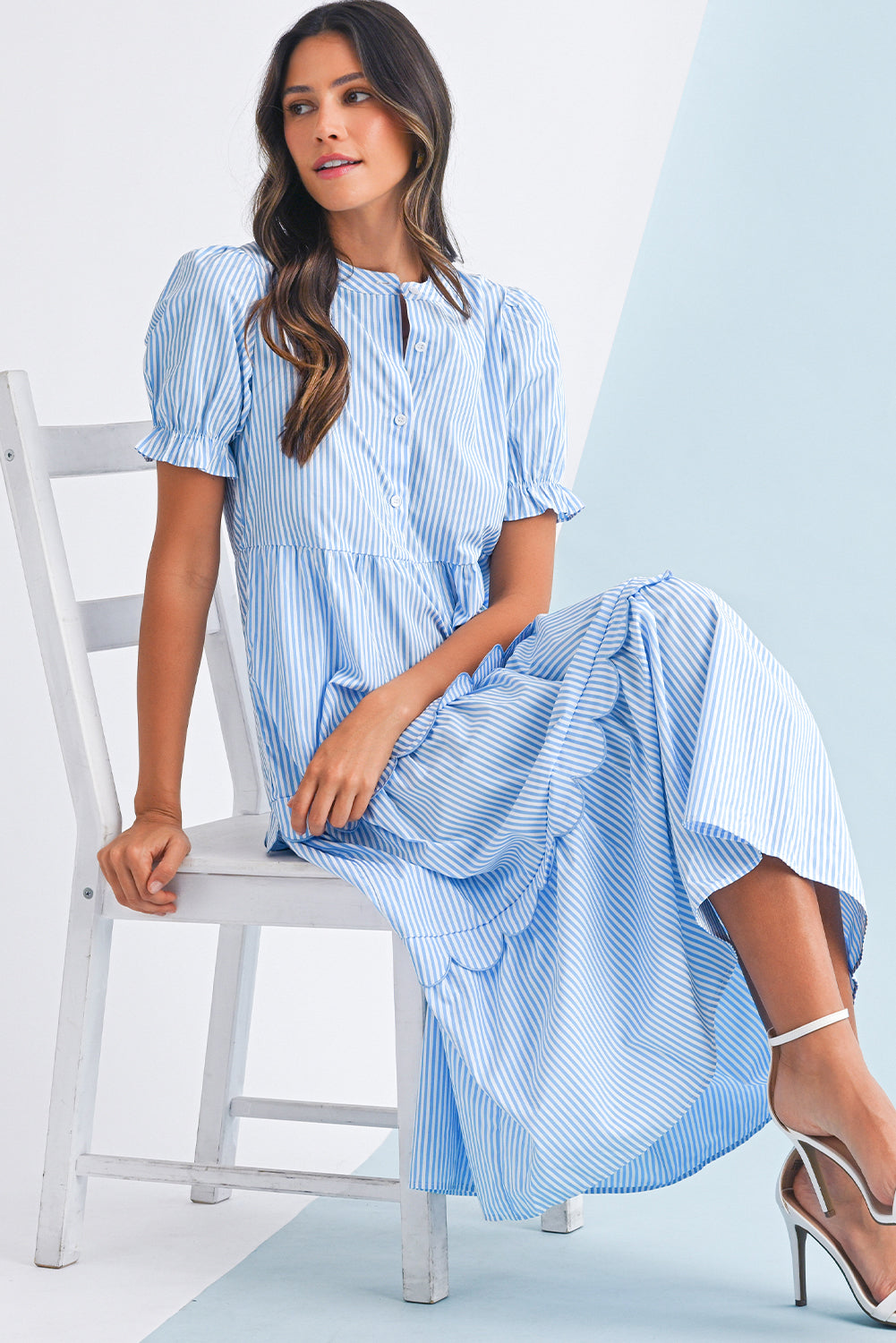 Striped Tiered Maxi Dress For Ladies. Front view, sitting position.