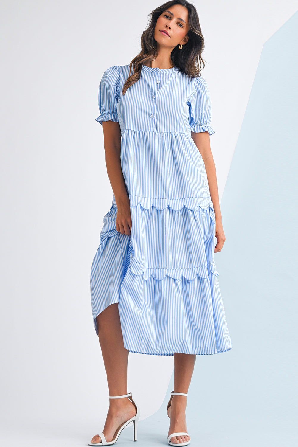Striped Tiered Maxi Dress For Ladies. Full front view.