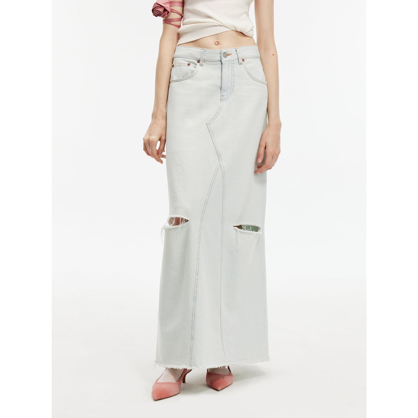 Firelady Fur Wash-faded Distressed Hole Denim A-line Skirt-4