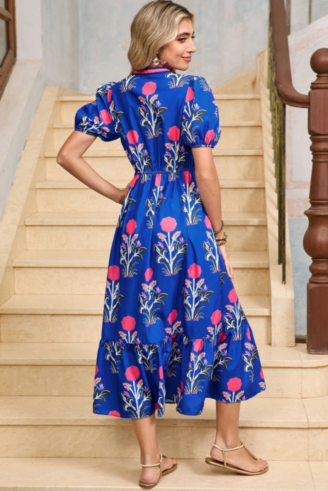 Sky Blue Floral Ruffle Midi Dress - sky blue colour, back view.