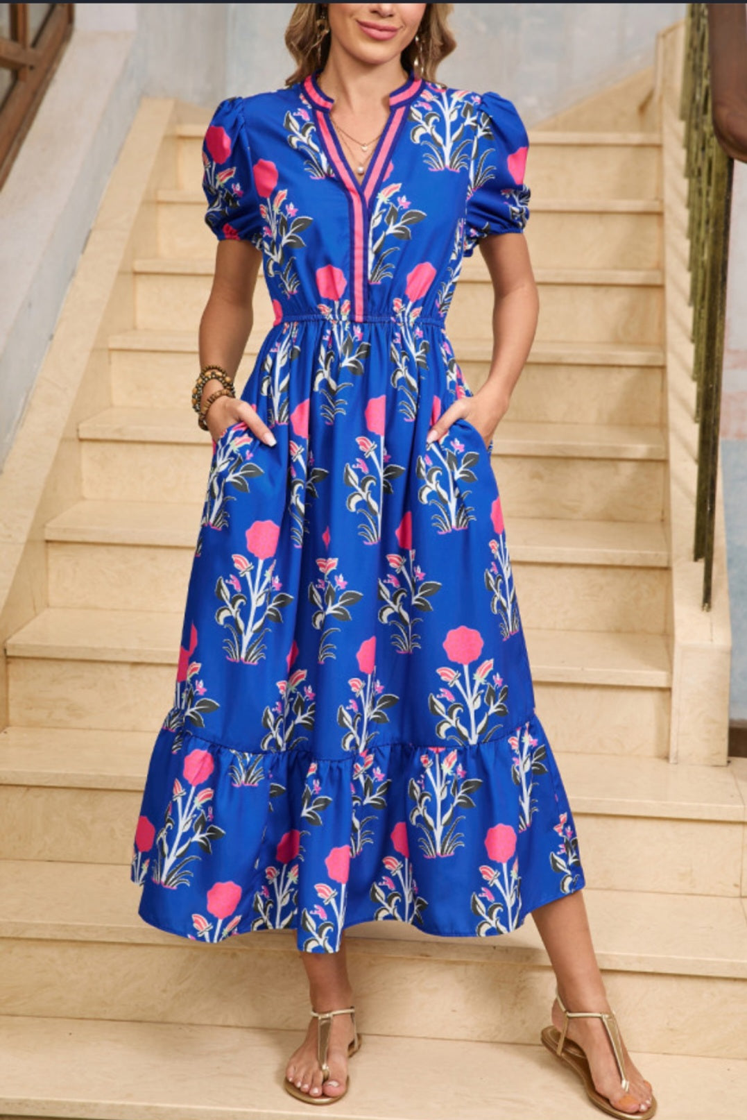 Sky Blue Floral Ruffle Midi Dress - sky blue colour, front view.