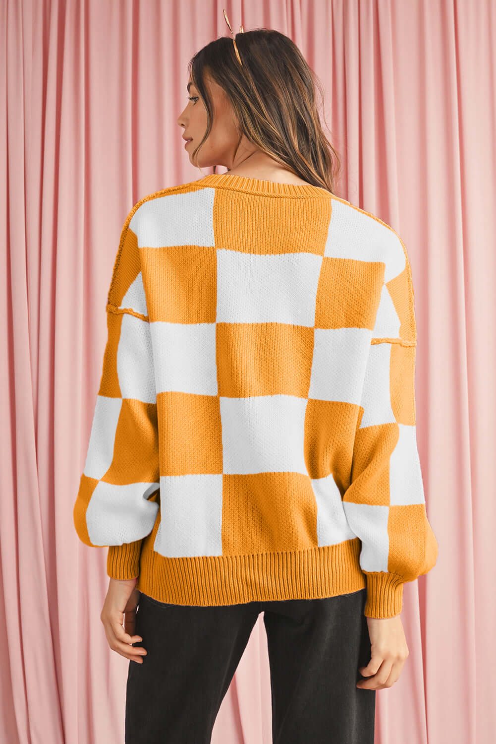 Women's Casual Check Knitted Jumper - Orange. Back view.